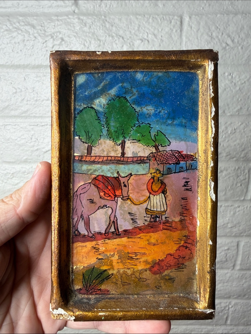 Vintage Donkey Horse Reverse Glass Silhouette Art Wood Gesso Frame